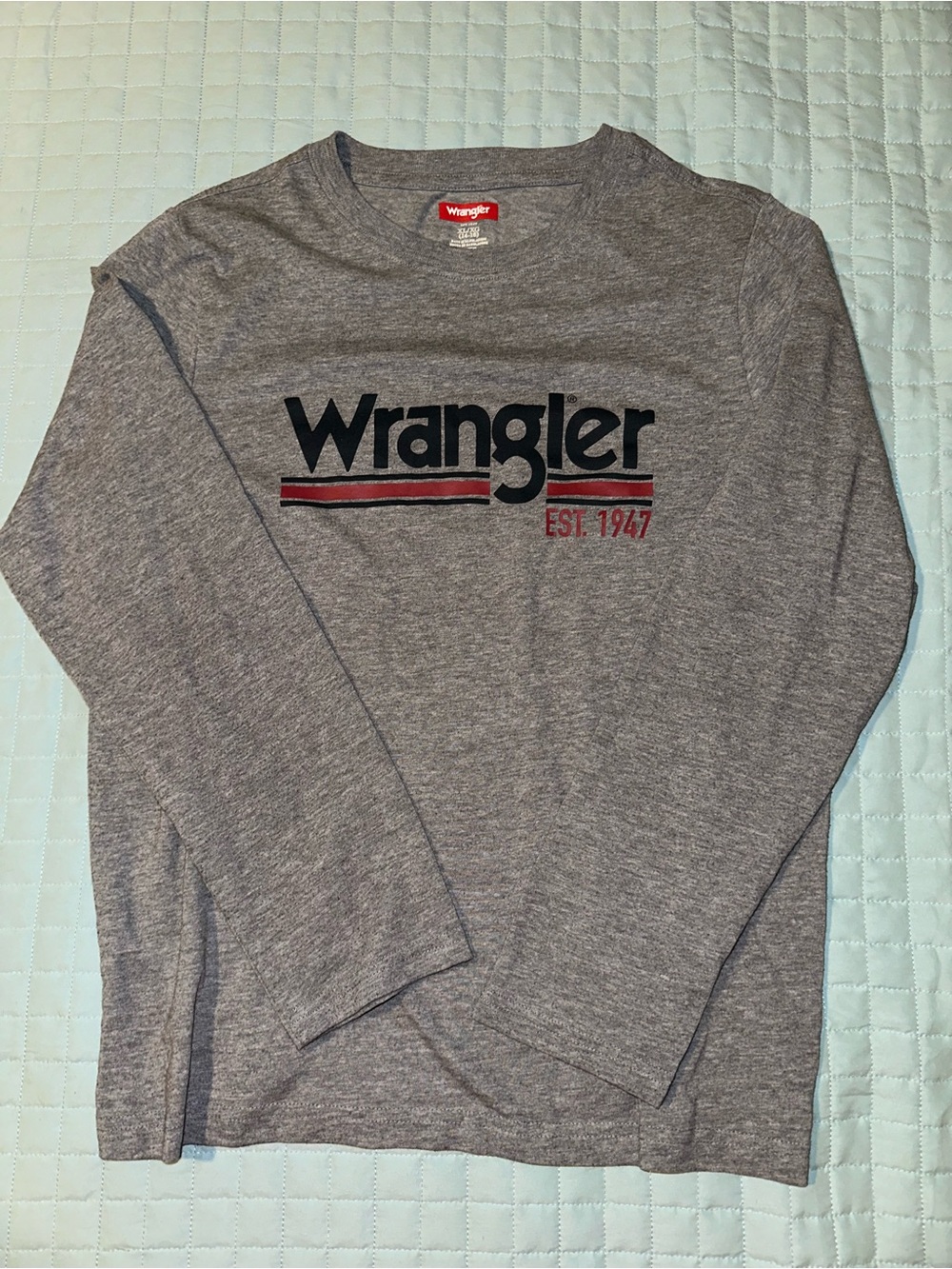 Boys Wrangler Gray Long Sleeve Logo Tee with Red Accent.